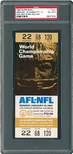 Graded PSA 8, this gold variety, full ticket to the first Super Bowl
game in 1967 is one of the many images at the free, new sports memorabilia online resource, PSA TicketFacts(TM)