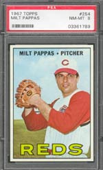 The facsimile autograph featured with every other card in the 1967 Topps set was omitted from #254 Milt Pappas.