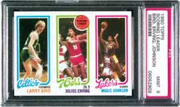 While the 1980 Topps set has never been strong, this incredible card with Bird, The Doc and Magic is the first card to ever carry Bird's image.