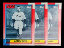 The 1990 George Bush cards given directly to President Bush at the White House have a reflective coating on the surface that is distinctively different from other cards produced by Topps in 1990. (Photo courtesy of Professional Sports Authenticator.)