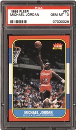 The most coveted Jordan card is his 1986-87 Fleer rookie (#57). Showcasing an exciting action shot, this single helped usher in a new era of hoops cards.