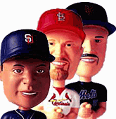 Top - Revolving Rainbow's Sammy Sosa bobbin' head doll. Above - Tony Gwynn, Mark McGwire and Mike Piazza bobbin' heads.