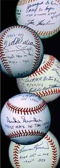 top to bottom: balls signed by Joe Nuxhall, Ted Williams, Eddie Matthews, Duke Snider and Harmon Killebrew