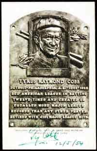 Ty Cobb's HOF bw postcard signedin his trademark green ink