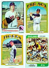 A boldly autographed baseball card can be a thing of beauty. Clockwise, from top left, are a 1973 Carl Yastrzemski, 1972 Reggie Smith, 1974 Rollie Fingers and 1972 Al Kaline.