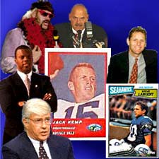 Prominent athletes who have become successful politicians --(TOP) Jesse 'The Body' Ventura as wrestler and governor of Minnesota,(RIGHT)Steve Largent, fifth all-time NFL Reception leader and Okla. representative,(LEFT) J.C. Watts, former Univ. of Okla. quarterback turned politician, and perhaps the most prominent, Sen. Jack Kemp, NFL MVP quarterback, who has had sights set on the presidency as well.