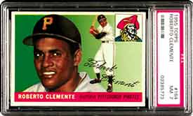 The difference between this 1955 Topps #164 Roberto Clementein PSA NM 7 and the same card in NM-MT 8 is about $2650.