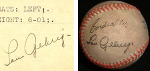 The Lou Gehrig signature on the left is authentitic; the one on the right is fake.