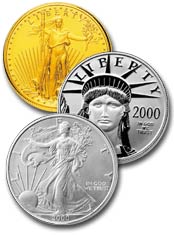 American Eagle Gold, Platinum and Silver Bullion coins.  Gold and Platinum are available in four denominations: one ounce, one-half ounce, one-quarter ounce, and one-tenth ounce while the silver bullion coin is only available in the one ounce size. 