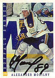 Russian Alexander Mogilny autographed this Buffalo Sabres card by mail.