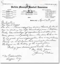 Jimmy Collins signed letter on Buffalo Municipal letterhead