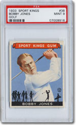 A superb Bobby Jones card, graded PSA Mint 9, was among the 48 cards in the 1933 Goudey Sport Kings set that recently changed hands for $360,000, a record price for any intact sports card set, according to Joe Orlando, President of Professional Sports Authenticator (PSA).