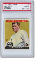 This Babe Ruth card, graded PSA Mint 9, is part of the 48-card 1933 Goudey Sport Kings set that recently sold for a record price of $360,000, the most money ever paid for any intact sports card set, according to Joe Orlando, President of Professional Sports Authenticator (PSA).