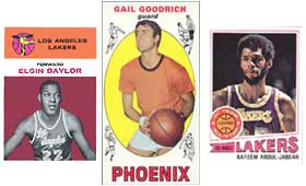 Elgin Baylor (left), Gail Goodrich (center) and Kareem Abdul Jabbar (right) have contributed to the Lakers legend.