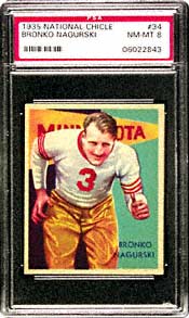 Bronko Nagurski's 1934 National Chicle #34sportscard, graded near mint-mint 8by PSA, the top vintage football card, realized $24,495.