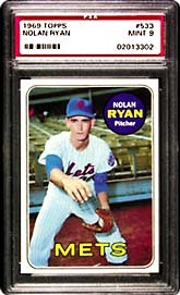 This 1969 Topps Nolan Ryan #533 Mint 9 (Lot 896) captures the young pitcher faking a throw to first base (note the ball still in his glove).