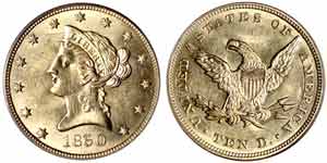 1850 Liberty Eagle Gold Small Date, MS-61 (PCGS).  Sold for $11,213.