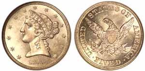 1860 $5 Liberty (NGC MS65) - sold for $23,000.