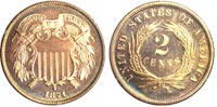 1871 Two Cent Piece	PCGS PR67 Red at auction in the Bowers and Merena Rarities Sale.