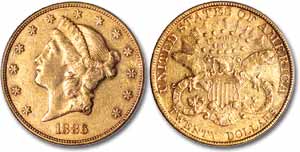 One of perhaps only three dozen known examples, this 1886 Liberty Double Eagle (PCGS EF45) will be offered at the Bowers and Merena Baltimore auction.