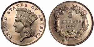 1886 Three-Dollar Gold Piece Proof-65 Cameo (PCGS).  Sold for $17,710.