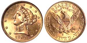 1901-S $5 Liberty gold, MS-64 (PCGS)