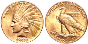 1907 $10 gold piece, wire edge. MS-64 (PCGS)