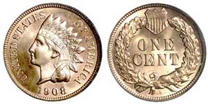 In 1908, Indian Cents were minted for the first time at a branch mint, such as this 1908 San Francisco issue