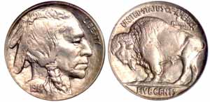 A 1914/3 Buffalo Nickel, one of the more subtle overdates in the series