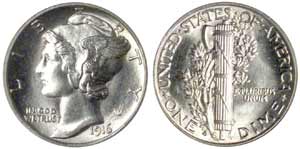 1916-D Mercury Dime MS-64 FB (PCGS) - sold for $14,375.