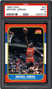 The grand prize in PSA's give away of Chicago sports icons memorabilia
at the 2015 National Sports Collectors Convention is this 1986 Fleer #57
rookie card of Michael Jordan graded PSA Mint 9.