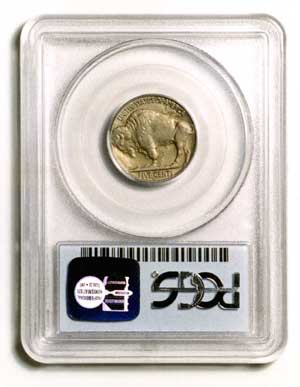The reverse of the 1937-D three-legged Buffalo nickel, the 7 millionth coin submitted to PCGS.