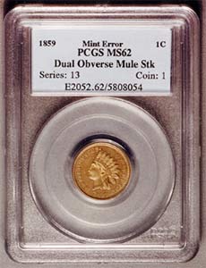 1859 Indian Cent Dual Obverse Mule