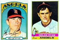 The 1972 Nolan Ryan card <br>on the left,<br> which normally would be worth $225, <br>has no value because it was signed by a batboy. <br>Compare it to the authentically-signed 1976 Ryan on the right.
