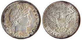<i>1907 Barber Half Dollar.</i> Chief engraver Barber's design was neither severely criticized nor lavishly praised in its own time. Today, however, Barber dimes, quarters, and half dollars attract a wide following.