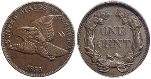 Obverse and reverse view of the 1856 Flying Eagle Cent.