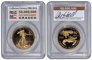 Collectors Universe is awarding the submitter of the 50 millionth item a PCGS-certified 1986 American Eagle one-ounce proof gold bullion coin encapsulated with a special 50,000,000 insert label autographed by Collectors Universe President and Founder David Hall. (Photo credit: Professional Coin Grading Service.)
