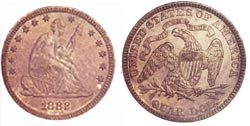 Artificially toned 1882 Liberty Seated quarter. Obverse: Light color was probably added by sulfur or related chemicals. Reverse: Nothing <i>heavy</i> in this toning, just light pastel.