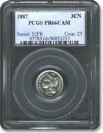 1887 Three Cent nickel (PCGS PR66 CAM), sold for $10,350.
