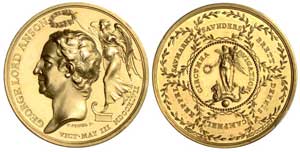 1747 Betts Medal Betts-382. Lord Anson. Gold. Mint State. Featured in Lucien M. LaRiviere sale.