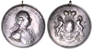 Undated Indian Peace Medal (ca 1776-1814 ) George Indian Peace medal. Jamieson-18, Betts-438. Struck silver. Very Fine. Featured in Lucien M. LaRiviere sale.