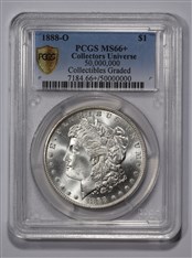This 1888-O Morgan dollar, graded PCGS MS66+, became the 50 millionth item certified by Collectors Universe. (Photo credit: Professional Coin Grading Service)