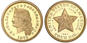 Rare 1879 Flowing Hair $4 Stella available for sale in Bowers' Rarities auction.