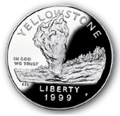 Obverse: Yellowstone commemorative shows a steam geyser <br>with a tree-lined landscape in the background.